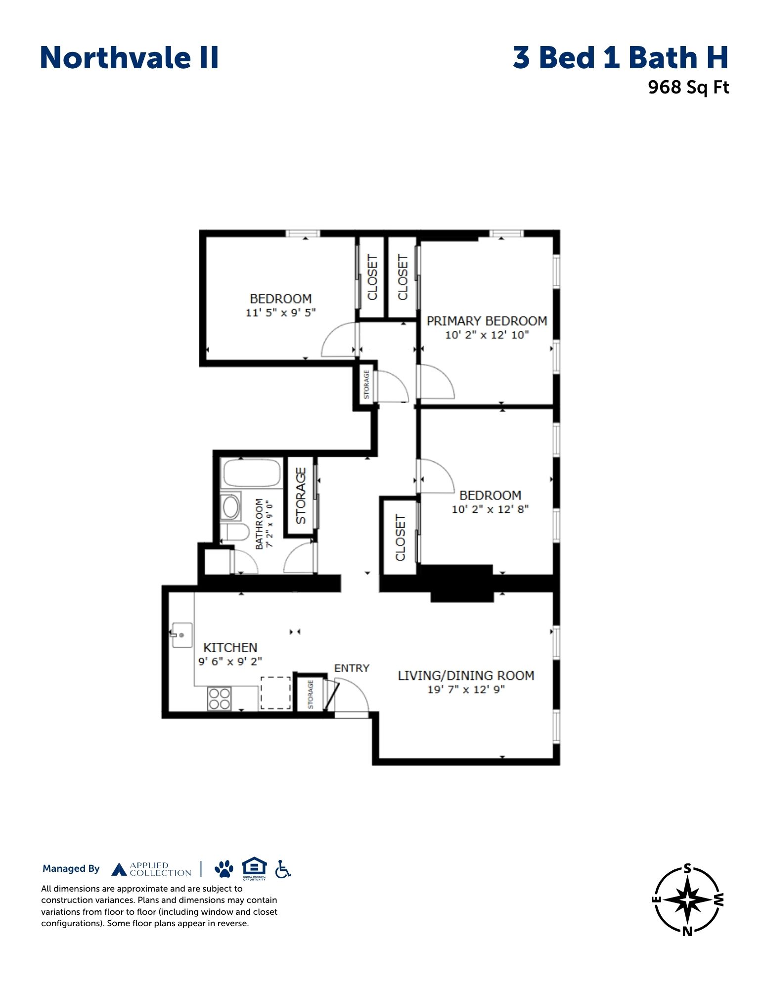 Floor plan for 3 beds, 1 bath, 968 sqft